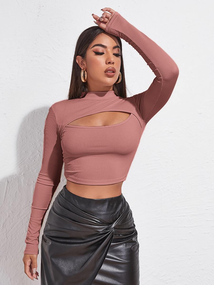 SHEIN Privé 女士长袖镂空T恤 - 藕粉色 - 查看 1