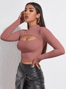 SHEIN Privé 女士长袖镂空T恤 - 藕粉色 - 查看 5