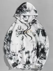 Manfinity VCAY Men Slogan Graphic Tie Dye Pouch Pocket Drawstring Hoodie, For Fall Winter - Black and White - View 1