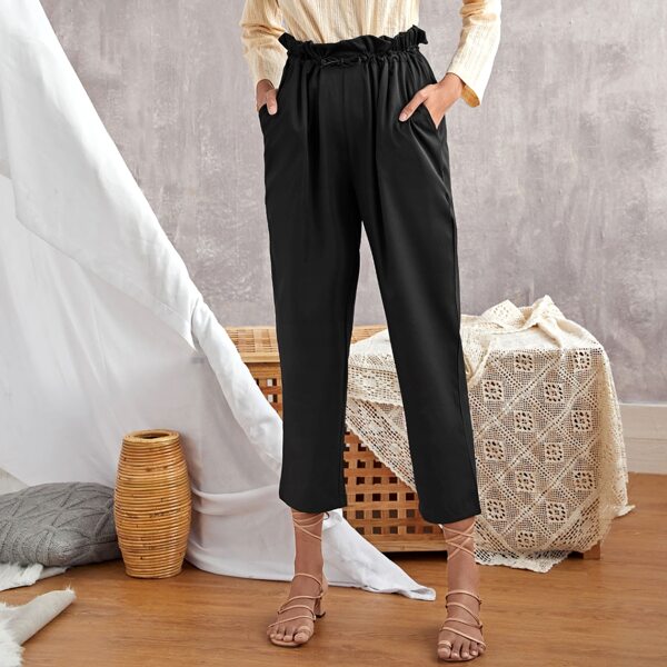 

Drawstring Paperbag Waist Tapered Pants, Black
