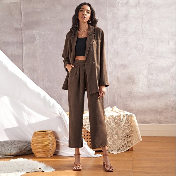 

Double Button Oversized Blazer & Pants Set, Chocolate brown
