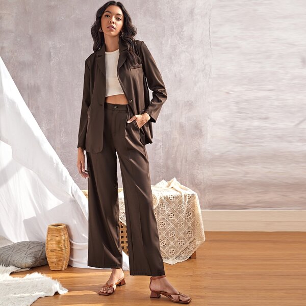 

Single Button Blazer & Pants Set, Chocolate brown