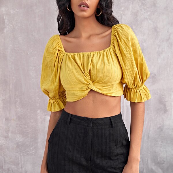 

Puff Sleeve Twist Front Crop Top, Bright mustard yellow