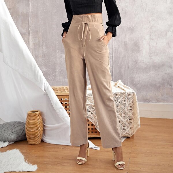 

High Waist Belted Straight Leg Pants, Khaki