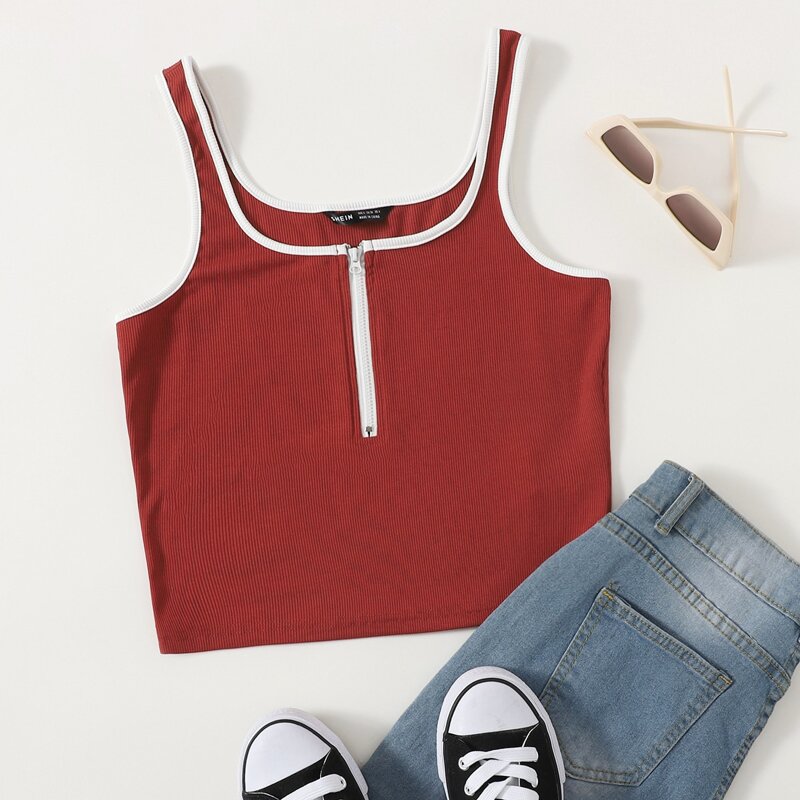 

Zip Front Contrast Binding Tank Top, Burgundy