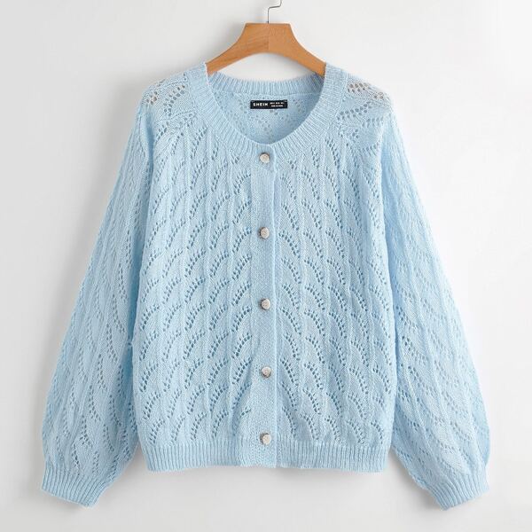 

Raglan Sleeve Pointelle Knit Cardigan, Pastel baby blue