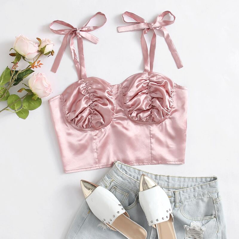 

Ruched Bust Knotted Strap Satin Cami Top, Pastel baby pink