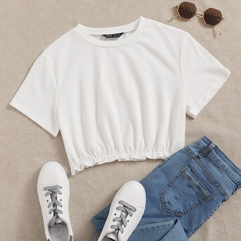 

Round Neck Frill Trim Crop Top, White