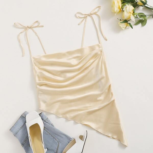 

Knot Straps Ruched Asymmetrical Hem Satin Cami Top, Beige