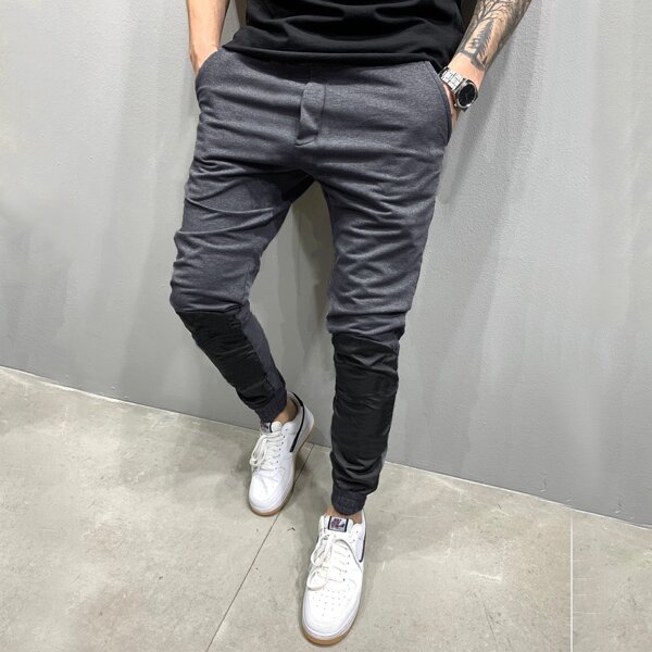 

Men Contrast Panel Drawstring Waist Sweatpants, Dark grey