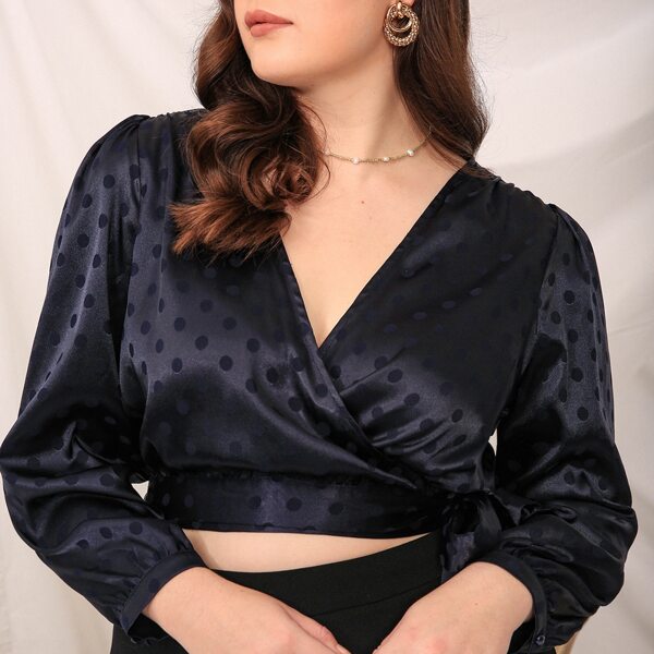 

Plus Knot Side Polka Dot Jacquard Satin Crop Top, Navy blue