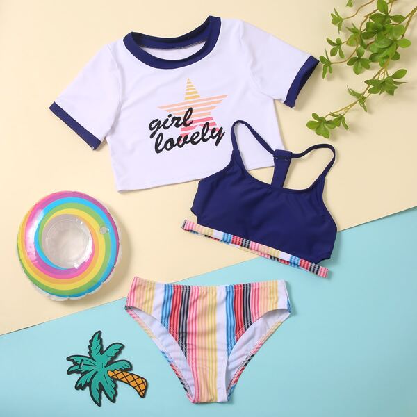 

3pack Girls Striped & Letter Graphic Bikini Swimsuit, Multicolor