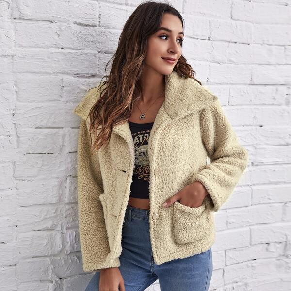 

Button Front Pocket Patched Teddy Jacket, Beige