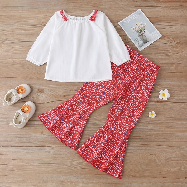 

Toddler Girls Raglan Sleeve Tee & Allover Print Flare-leg Pants, Red and white
