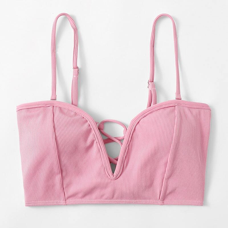 

Solid Lace Up Back Bikini Top, Pink