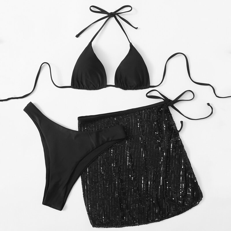 

3pack High Cut Bikini Swimsuit & Sequin Skirt, Black