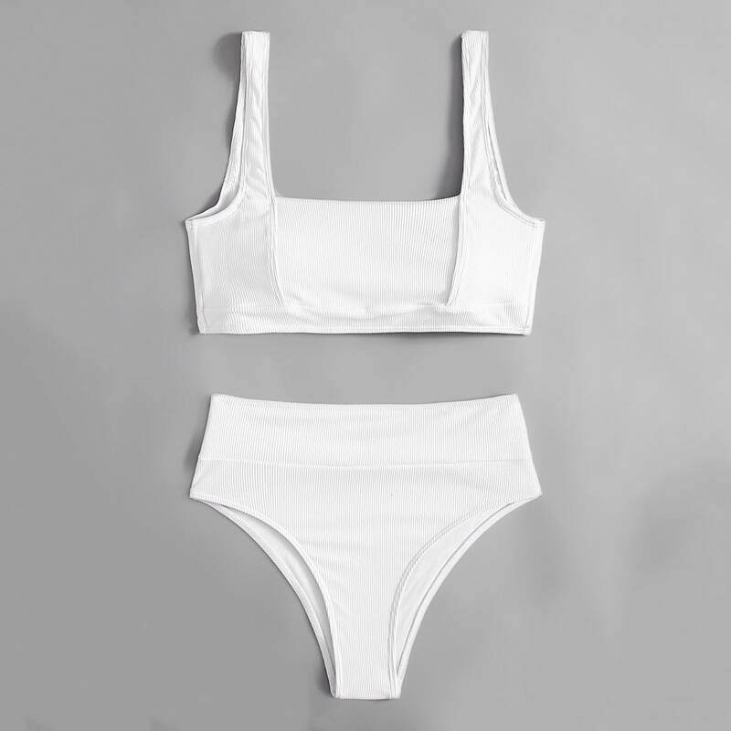 

Solid High Waist Bikini Swimsuit, White