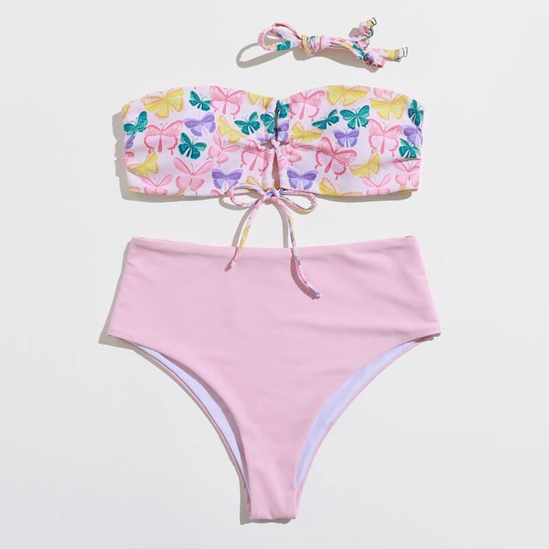 

Butterfly Print High Waist Bikini Swimsuit, Baby pink