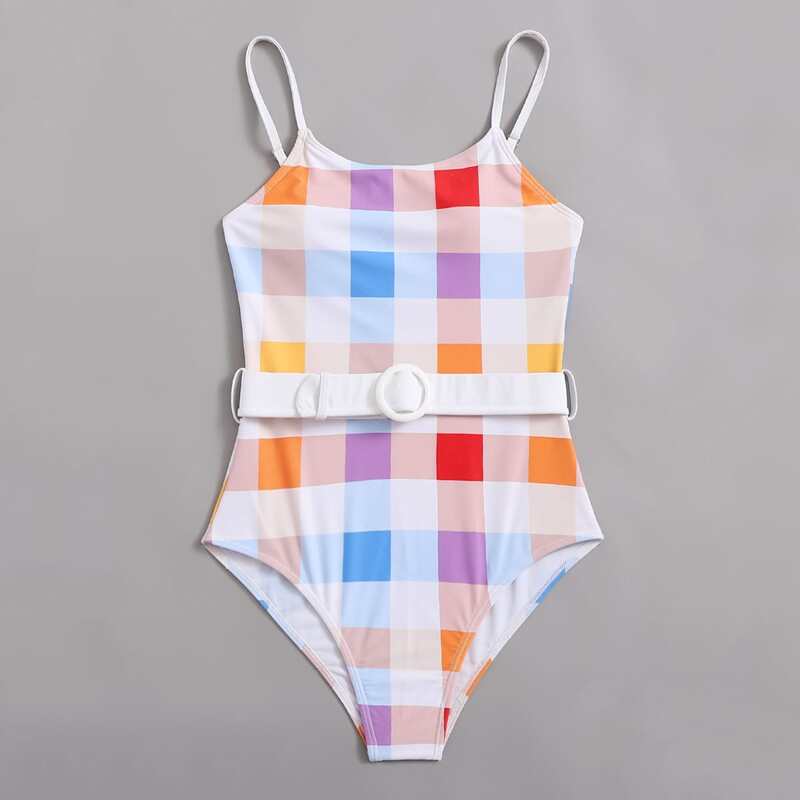 

Colorful Plaid Belted One Piece Swimsuit, Multicolor