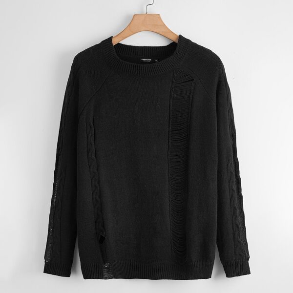 

Plus Ripped Detail Cable Knit Panel Sweater, Black