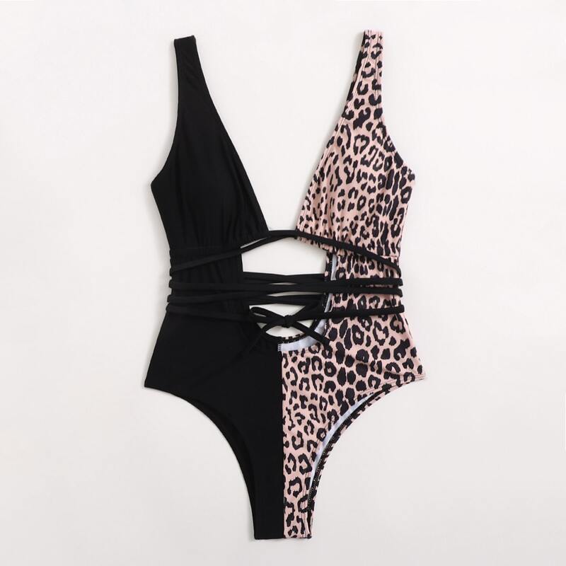 

Contrast Leopard Cut Out One Piece Swimsuit, Multicolor