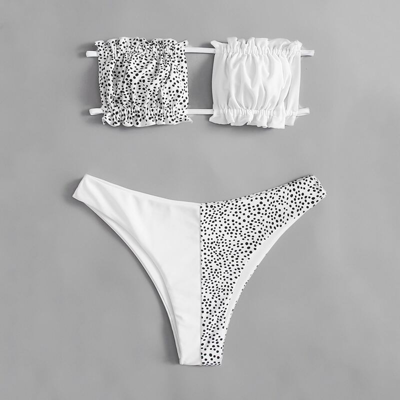 

Allover Print Ruched Bikini Swimsuit, Black and white