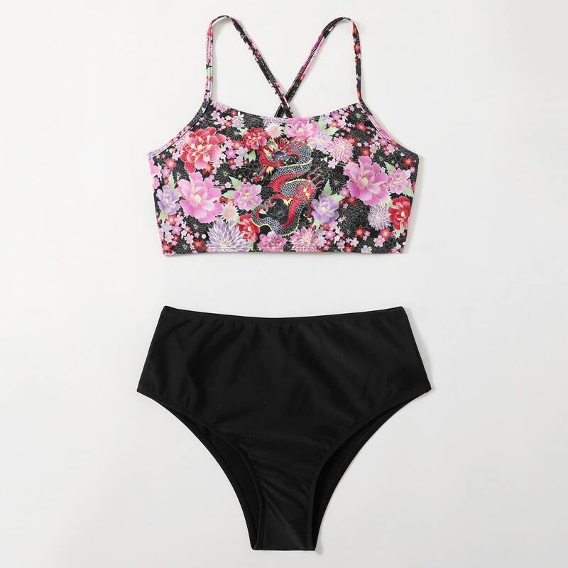 

Floral Chinese Dragon Print Bikini Swimsuit, Multicolor