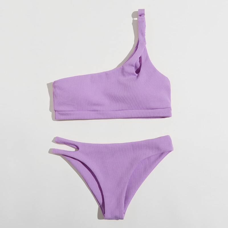 

One Shoulder Cut Out Bikini Swimsuit, Lilac purple