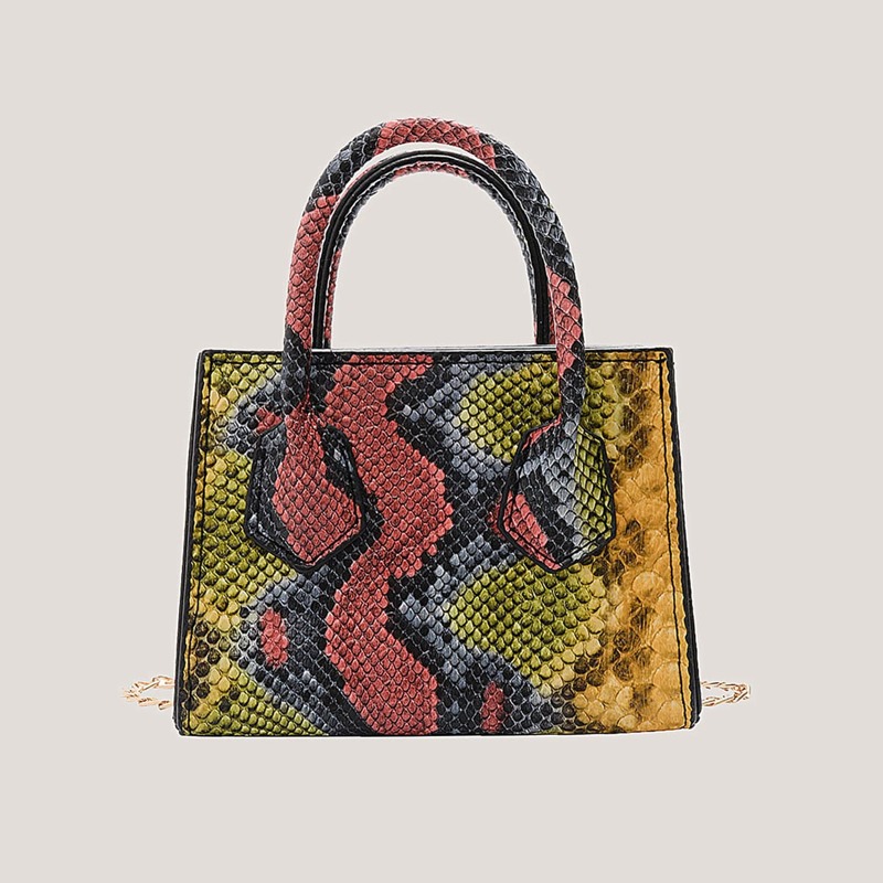 

Snakeskin Chain Decor Satchel Bag, Multicolor