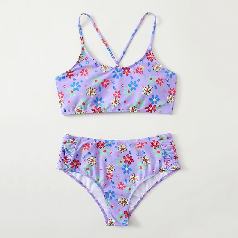 

Floral Ruched Bikini Swimsuit, Lilac purple