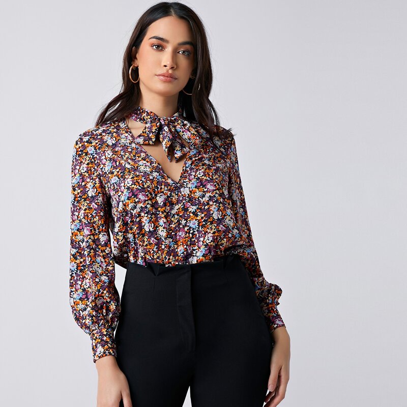 

Tie Neck Floral Top, Multicolor