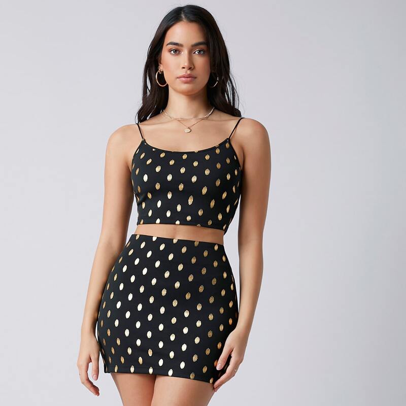 

Gold Dot Print Cami Top and Bodycon Skirt Set, Black