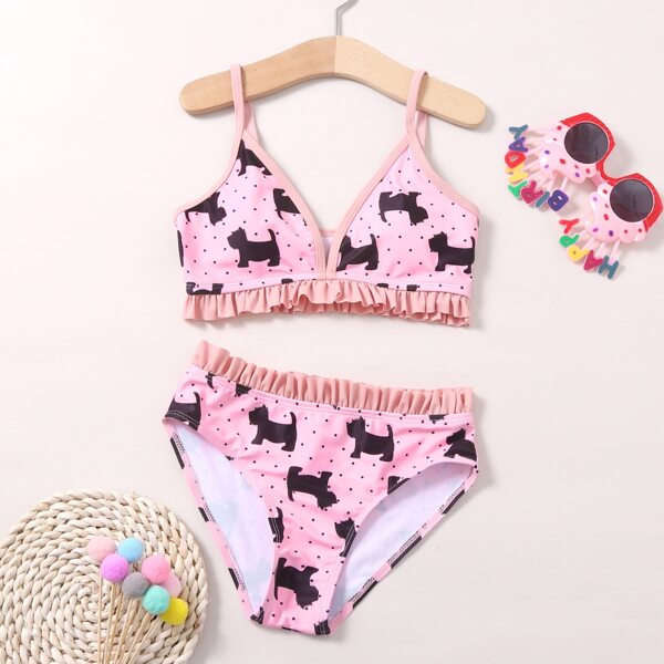 

Girls Polka Dot & Dog Print Frill Bikini Swimsuit, Multicolor
