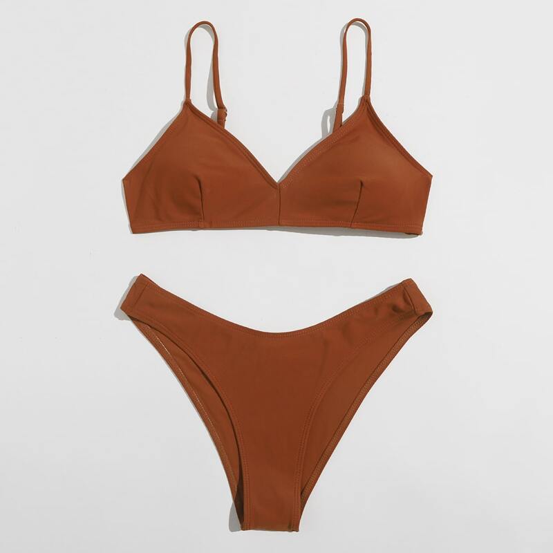 

Solid High Cut Bikini Swimsuit, Rust brown