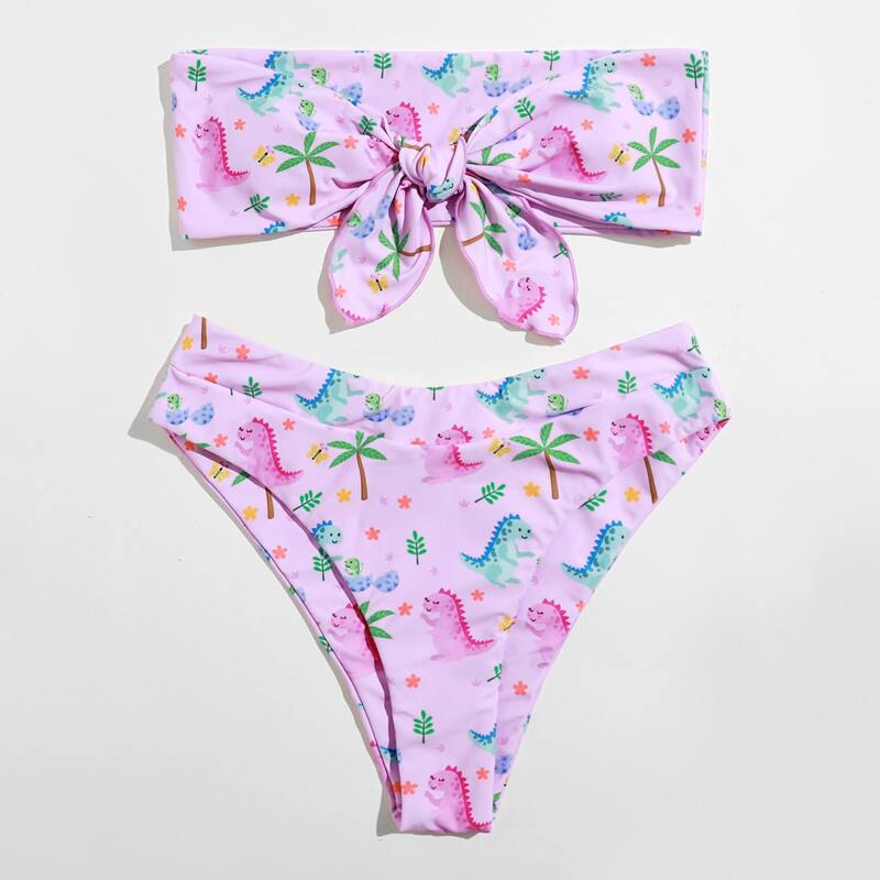 

Cartoon Print Knot Bikini Swimsuit, Multicolor