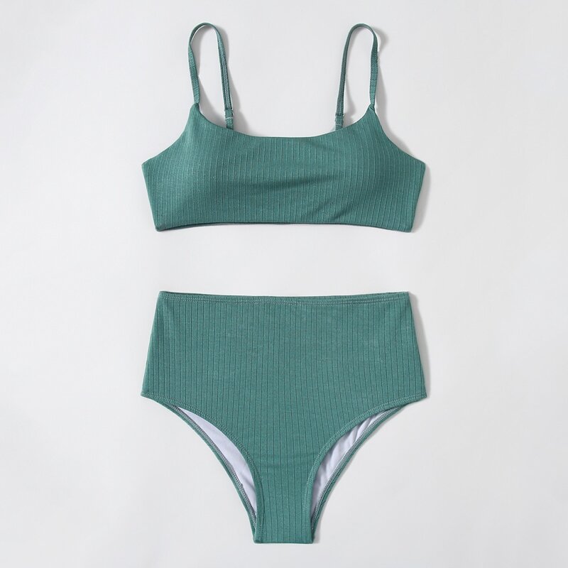 

Solid High Waist Bikini Swimsuit, Cadet blue