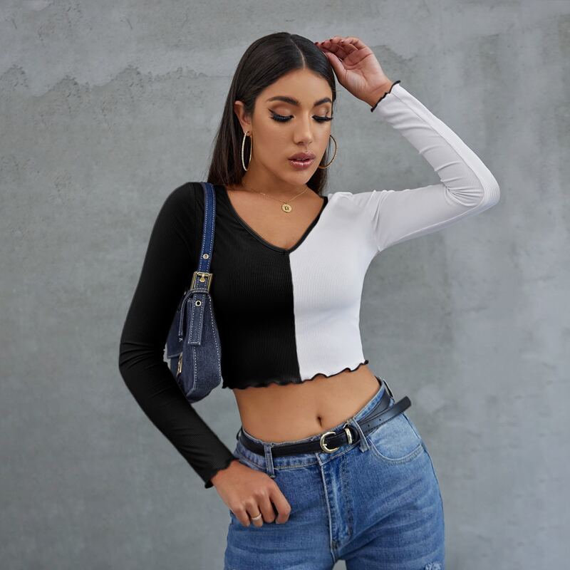 

Lettuce Trim Rib-knit Colorblock Crop Tee, Black and white