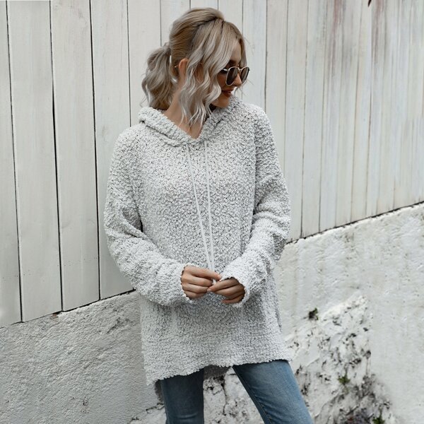 

Drawstring Hooded High Low Slit Hem Sweater, Light grey