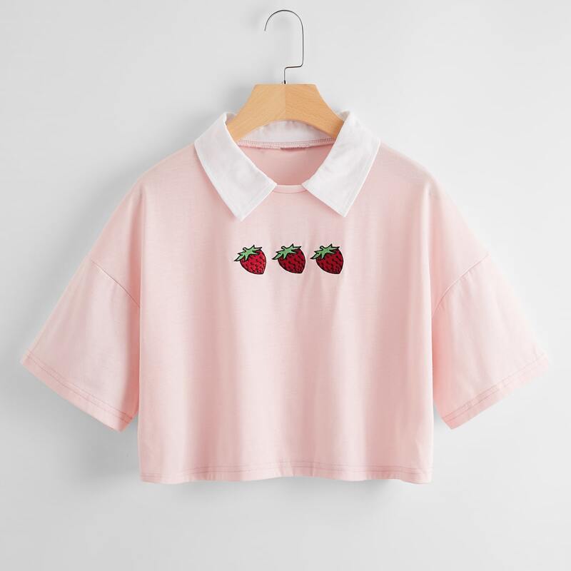 

Strawberry Embroidery Contrast Collar Crop Tee, Baby pink