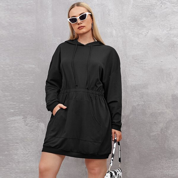 

Plus Kangaroo Pocket Drawstring Hoodie Dress, Black