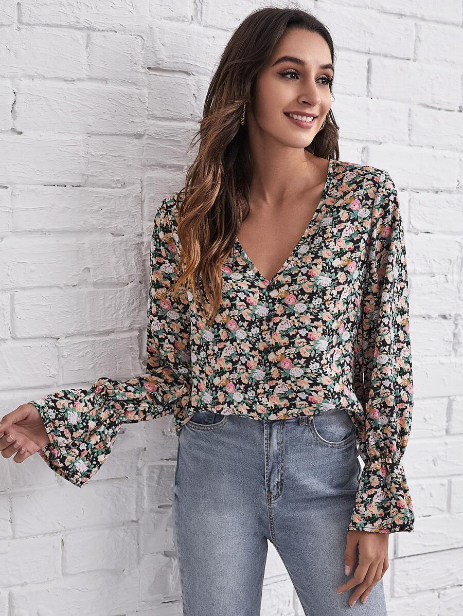 SHEIN Blouses Volants Casual Floral - Multicolore - Voir 1