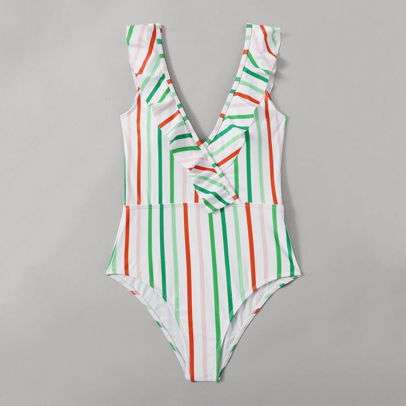 

Vertical Striped Ruffle One Piece Swimsuit, Multicolor