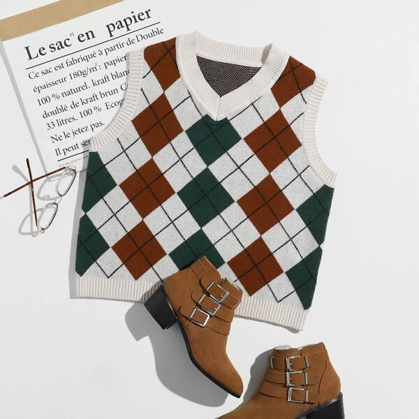 

V-neck Argyle Sweater Vest, Multicolor