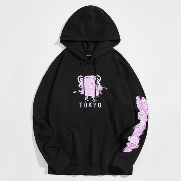 

Men Letter and Cartoon Graphic Hoodie, Black