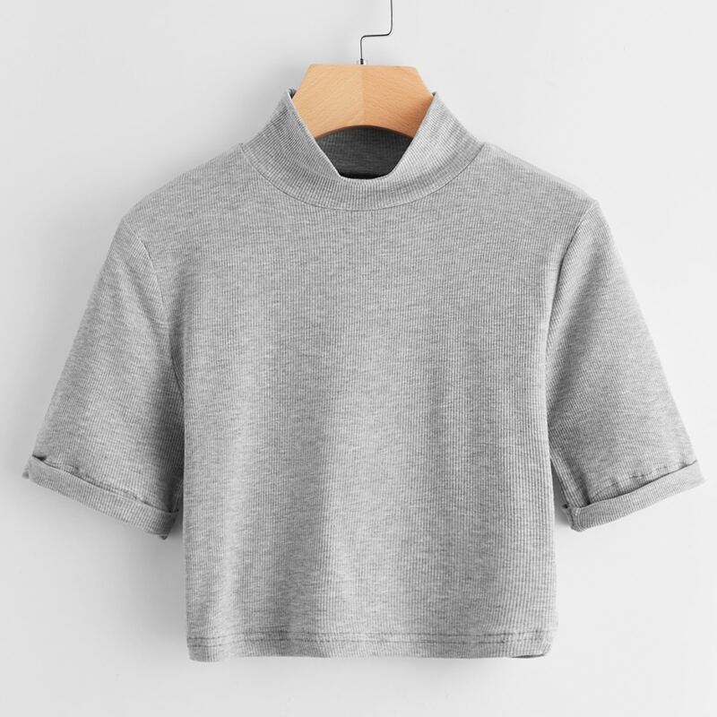 

Solid High Neck Crop Tee, Grey