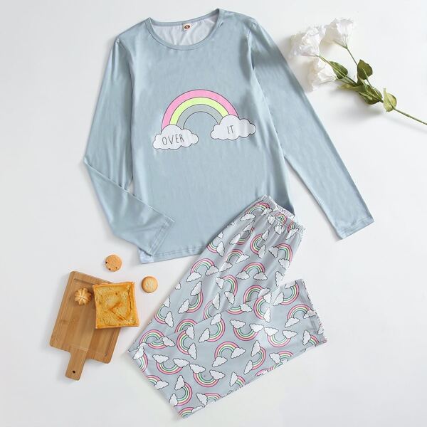 

Cartoon & Letter Graphic Pajama Set, Multicolor