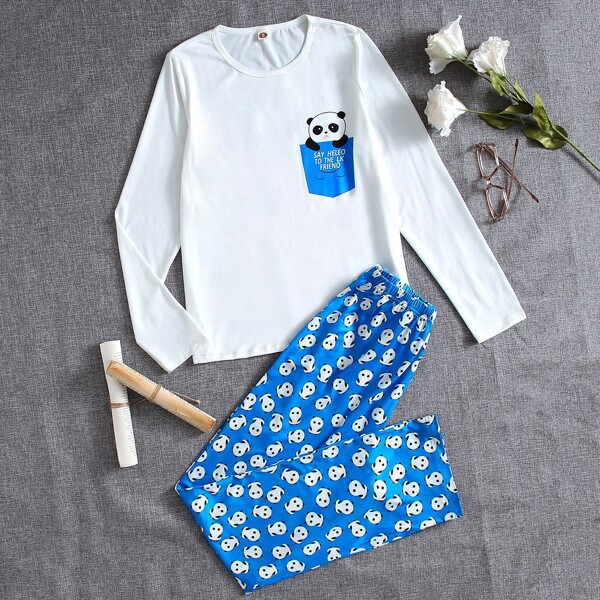 

Cartoon And Slogan Graphic Pajama Set, Blue and white
