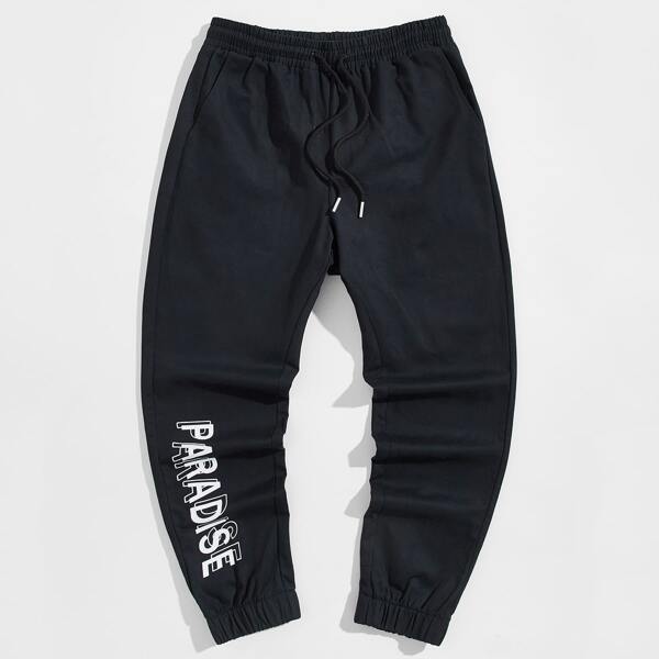 

Men Letter Graphic Drawstring Waist Pants, Navy blue