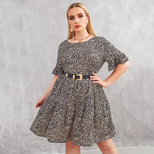 

Plus Leopard Print Flounce Sleeve Smock Dress Without Belt, Multicolor