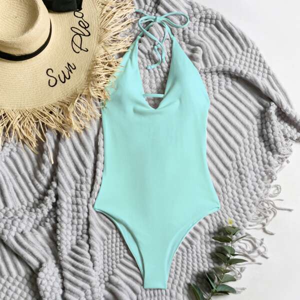 

Rib Lace-up Back Halter One Piece Swimsuit, Mint green